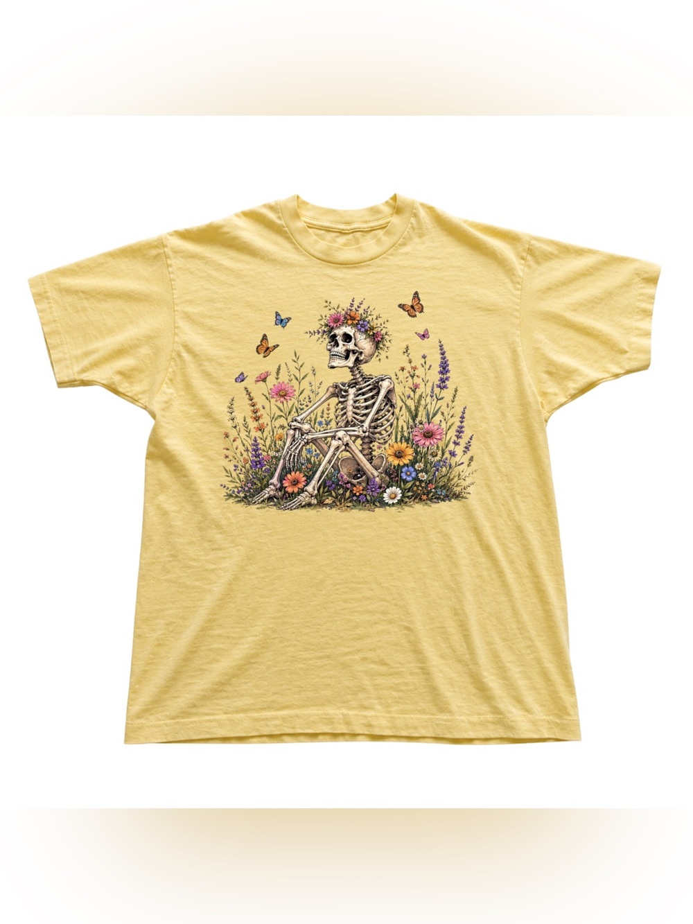 Yellowhaze Tee with Floral Skeleton and Butterflies Graphic